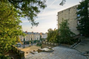 Entrance of thabor park and street of Rennes, Rennes city, Brittany, France